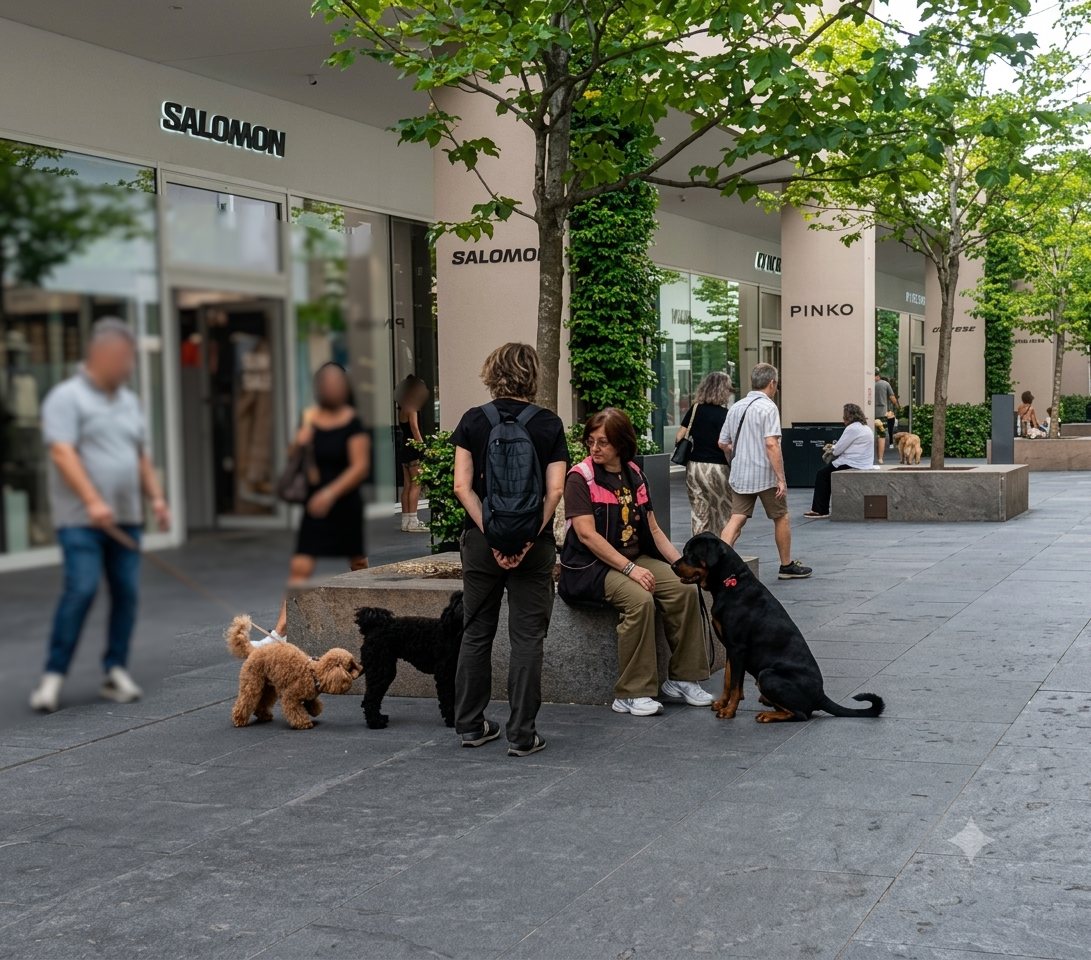 Uscita di gruppo con i cani in una via commerciale